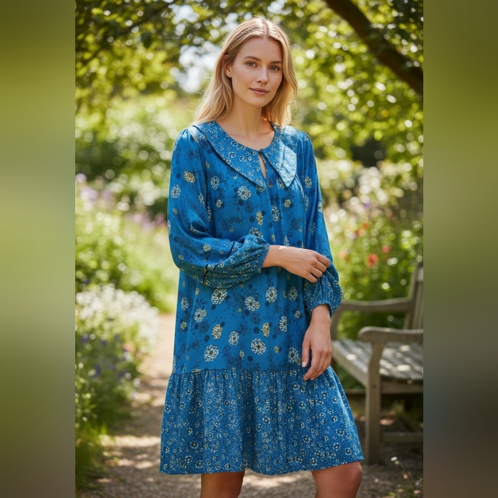 Sonoma Boho Floral Dress Blue Size 1X NWT Peasant Prairie Tiered Flowy Tunic - Picture 3 of 11